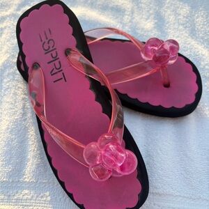 Y2K Espirit vintage deadstock pink and black jelly platform flip flops